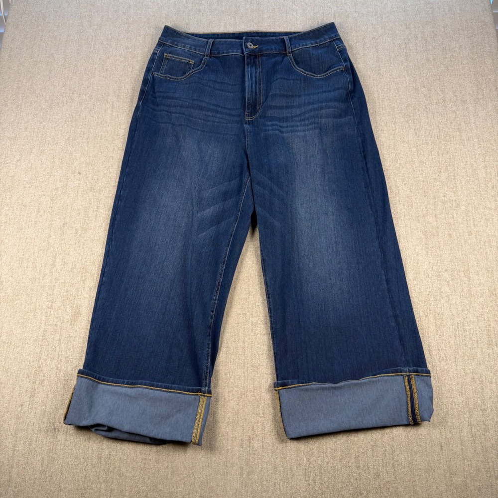 Halara Jeans Women XL Petite Blue High Waisted Cuffed Wide Leg Cropped